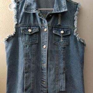 Denim Sleeveless Vest with Frayed Edges